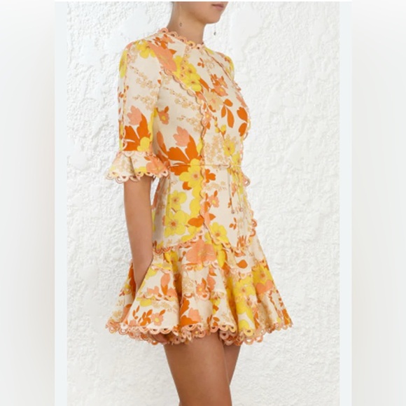 Handmade Dresses & Skirts - Light Beige Printed Linen & Cotton Scallop Detail Mini Dress size S